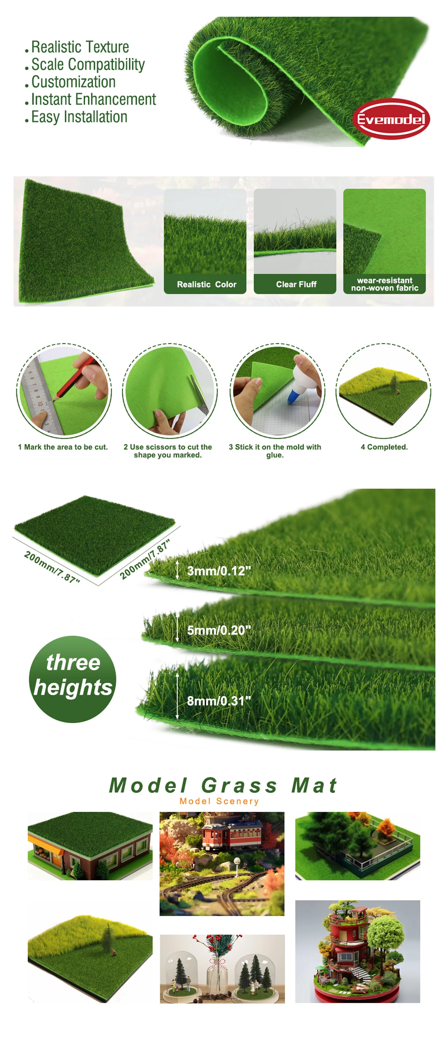 Evemodel 1pc 20cm*20cm Square Grass Mat 3mm 5mm 8mm Thick Artificial Lawn Carpet for DIY Project Model Scene Railway Layout