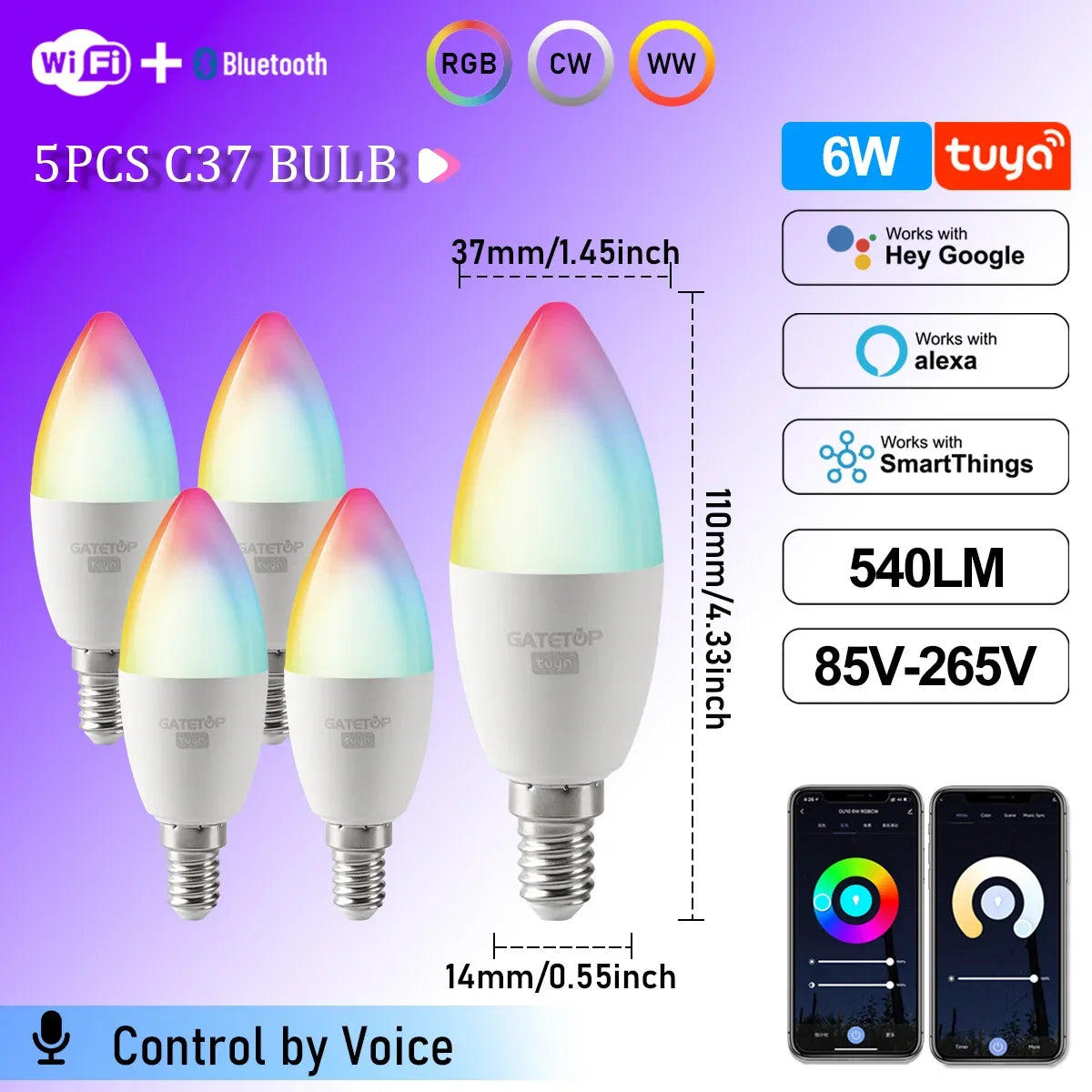 1-10PCS LED Candle Tuya Bulb WiFi E14 Smart RGB CW AC 85-265V 6W LED Lamp C37 Bulbs App Voice Control Support Alexa Google Home