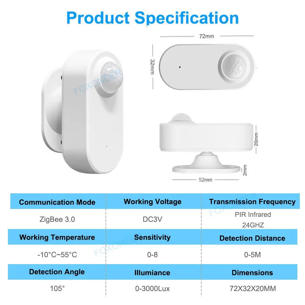 Smart Zigbee Human Presence Detector,Luminance/Distance Detection,  Smart PIR Motion Sensor Support Zigbee 2mqtt Home Assistant