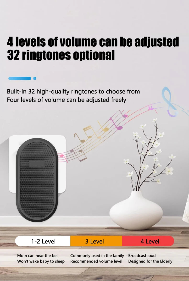 Smart Welcome Doorbell Wireless Door Bell Chime Guests Button 32 Songs Home Alarm Reminder Receiver Black Fashion