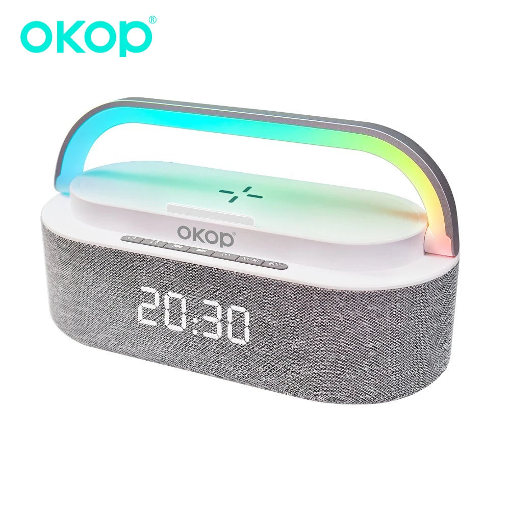 OKOP Bluetooth Speakers,6 in 1 Multi-function,Alarm Clock, Wireless Charger RGB Night Light , Audio,portable Speaker,White Noise