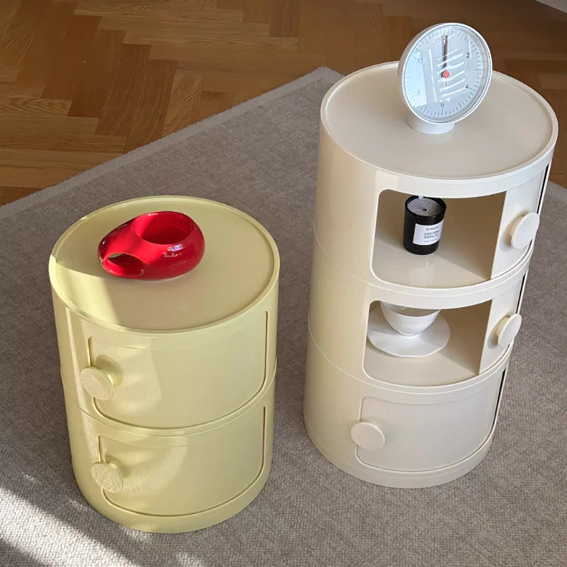 Plastic Round Nightstand Bedside Table Cabinet with Sliding Doors Round Storage Bedside Cabinet Nightstand  for Living Bedroom