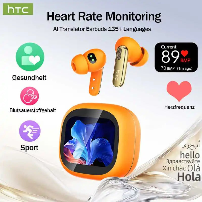 Bluetooth Headphones HTC Wireless Earphones Full HD LCD Display Earpiece Noise Canceling Earbuds Comfortable for Music Sport