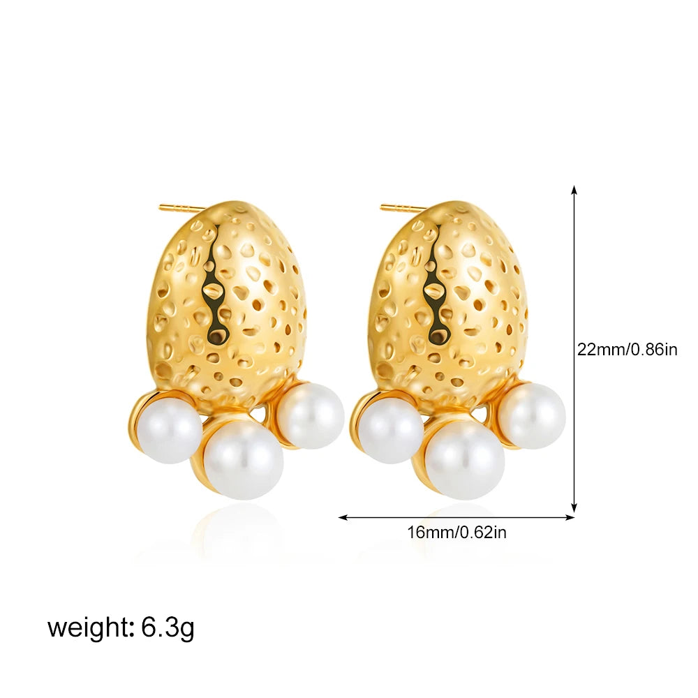 Fashion Stainless Steel Pearl Earrings for Women Texture Geometric Irregular Round Metal Stud Earring Trendy Jewelry Gift
