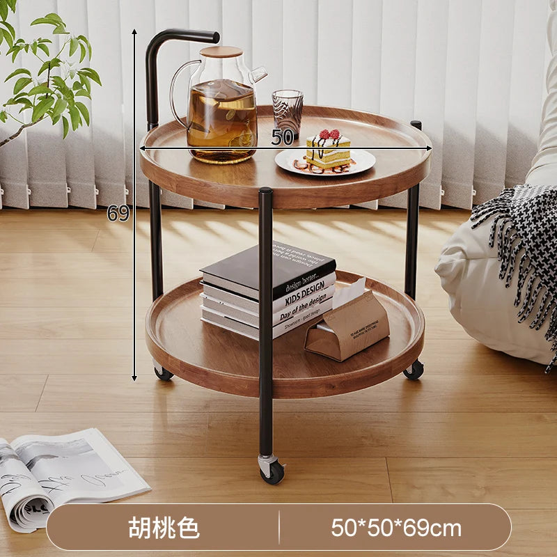 Solid Wood Rolling Cart Table Movable Side Wheels Compact Wooden Tea Trolley Living Room Portable Coffee Bedroom Bedside Storage
