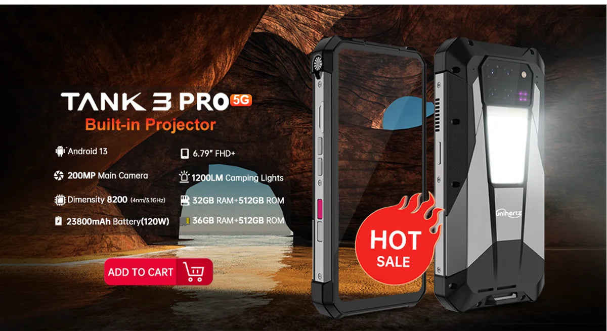 Unihertz TANK 2 Projector phone 22GB 256/512GB 32MP 108MP 64MP Night Vision Double Camping Light 15500mAh G99 Support TF SD NFC