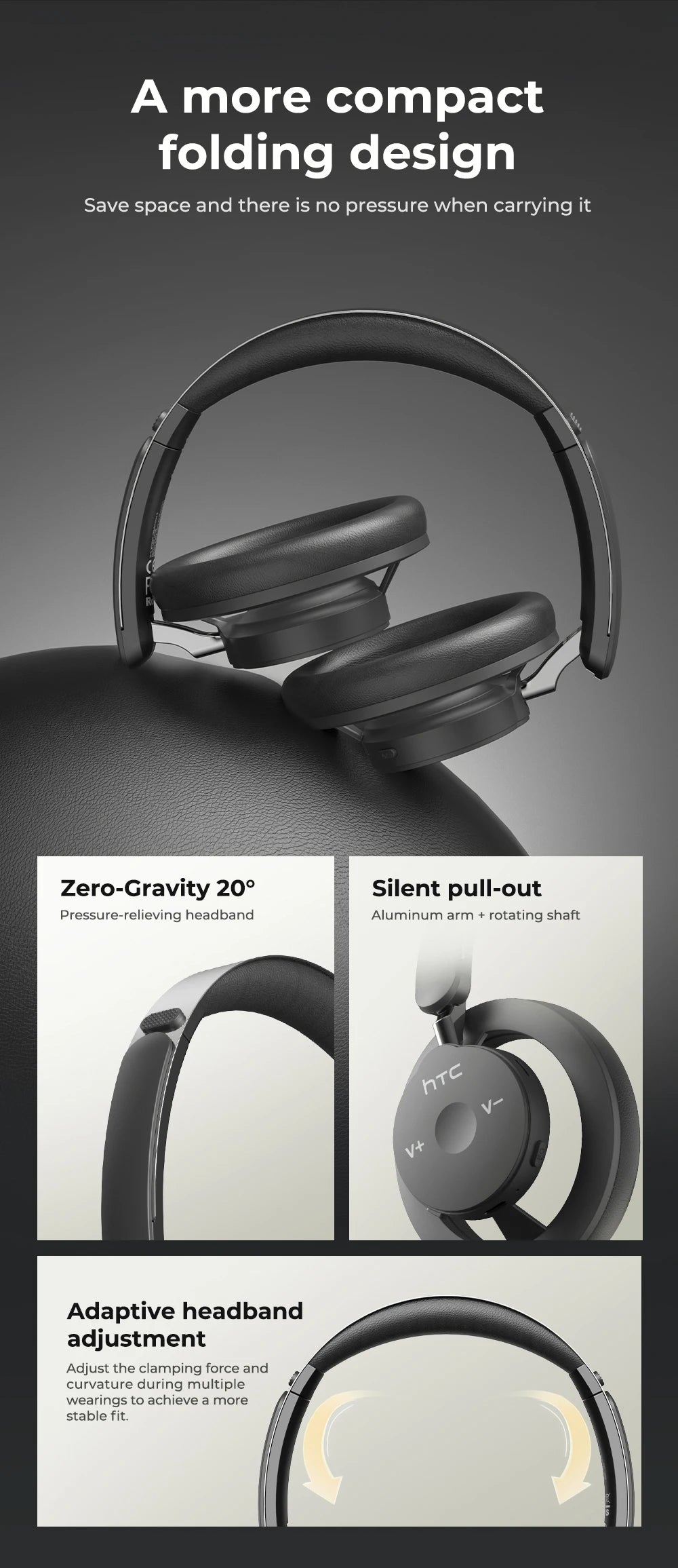 HTC HP06 Open-Ear Wireless Headphones Bluetooth V6.0 Airy Foldable AI Translate Headset for PC Laptop Phone TV Ultralight Hollow