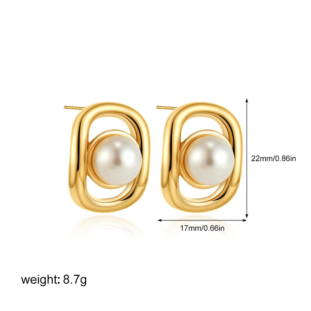 Fashion Stainless Steel Pearl Earrings for Women Texture Geometric Irregular Round Metal Stud Earring Trendy Jewelry Gift