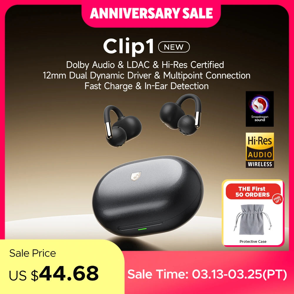 SoundPEATS Clip1 Open Ear Wireless Headsets Bluetooth 5.4 with Hi-Res LDAC & Dolby Audio, Comfort Clip On Sports Earphones IPX5