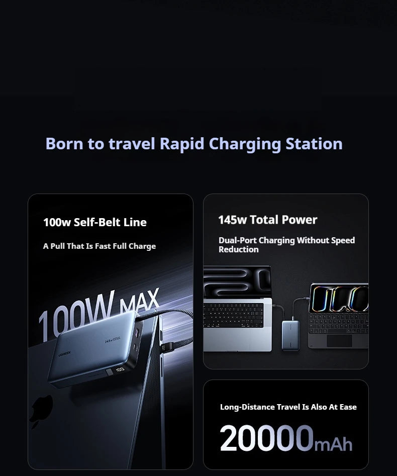UGREEN 20000mAh Power Bank With Built in Cables 145W Fast Charge Mobile Power Bank iPhone17 Laptop Notebook Customized Charger
