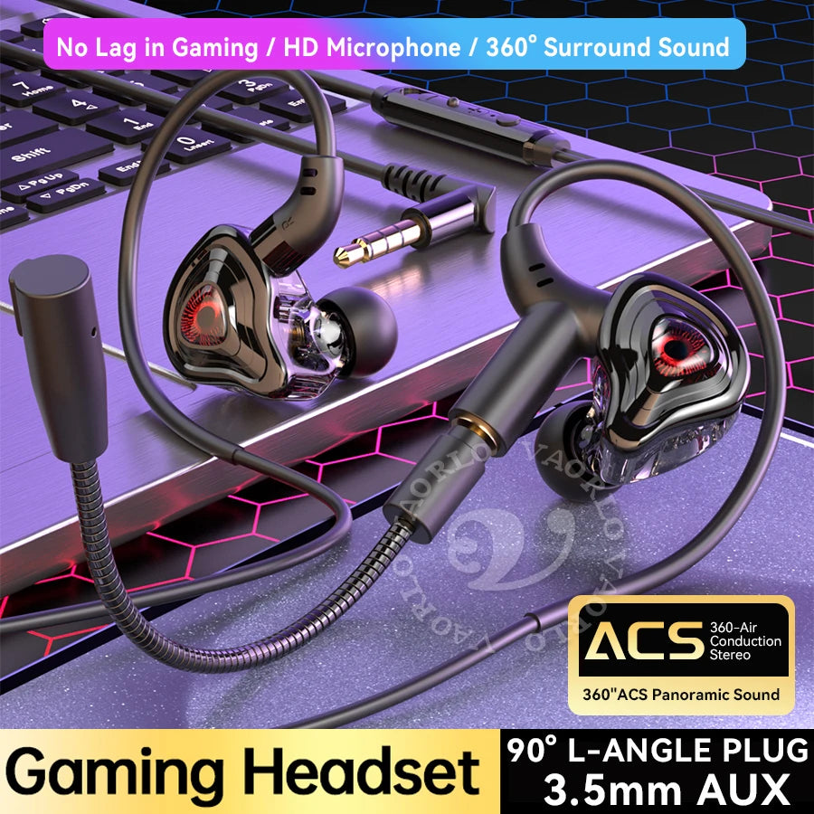 Esports Gaming Headset 360° Surround Sound Hifi Stereo Wired Earphones 3.5mm/Type-C/USB In-Ear Dual Micrphone PUBG Gaming Earbud