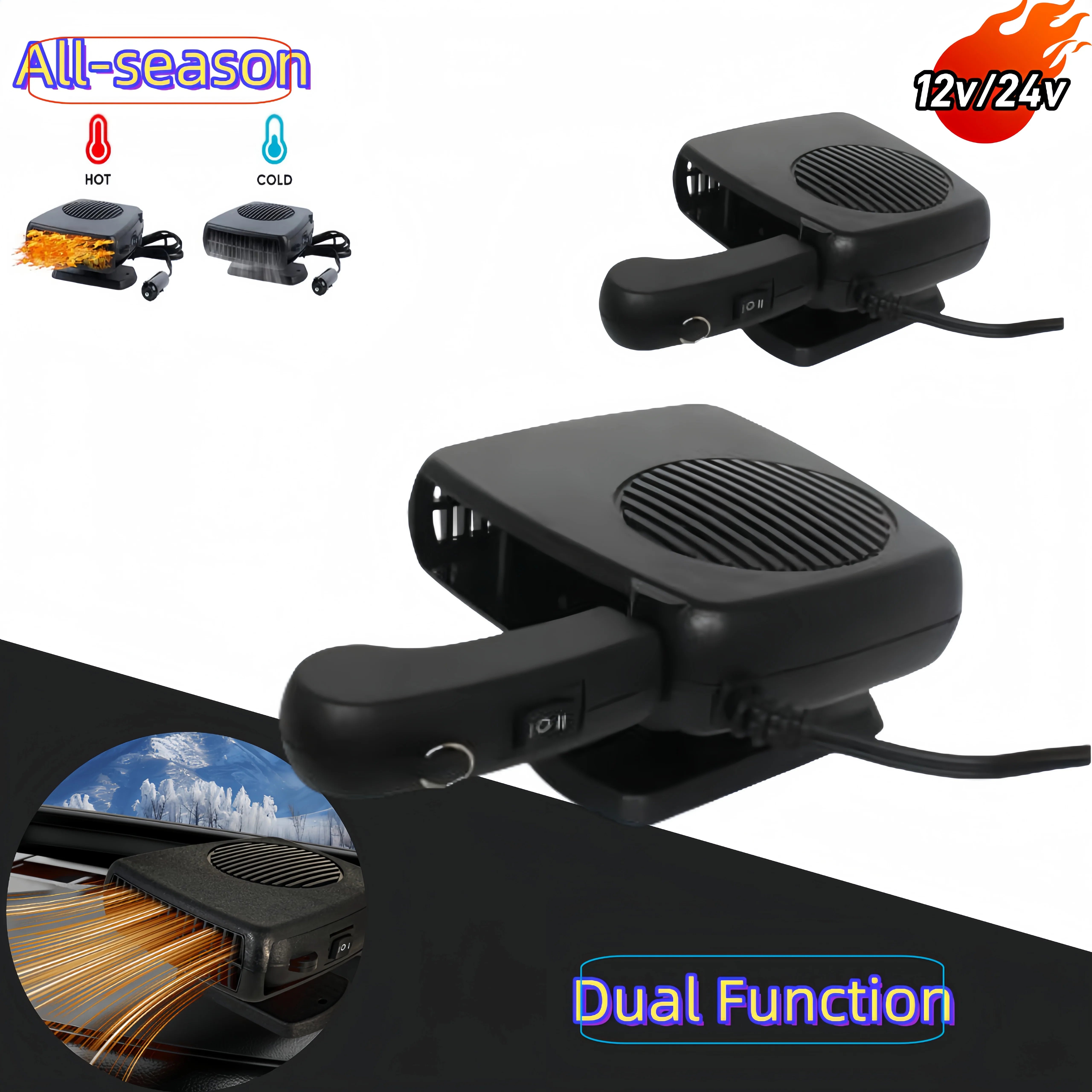 Car Heater Fan 12V 24V Dual Function Defroster Demister Cooler All Season Windshield Frost Remover Fast Heating Drying Auto