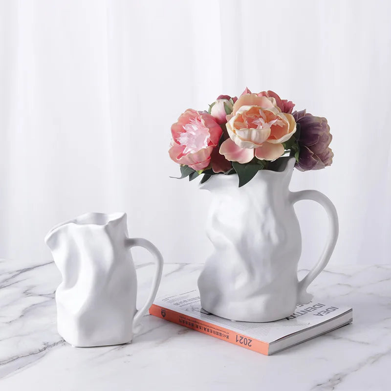 Ceramic Vase Irregularly Pleated Bottle Handle Shape Flower Hydroponics Accessories Room Decoration Vases Pots Terrarium