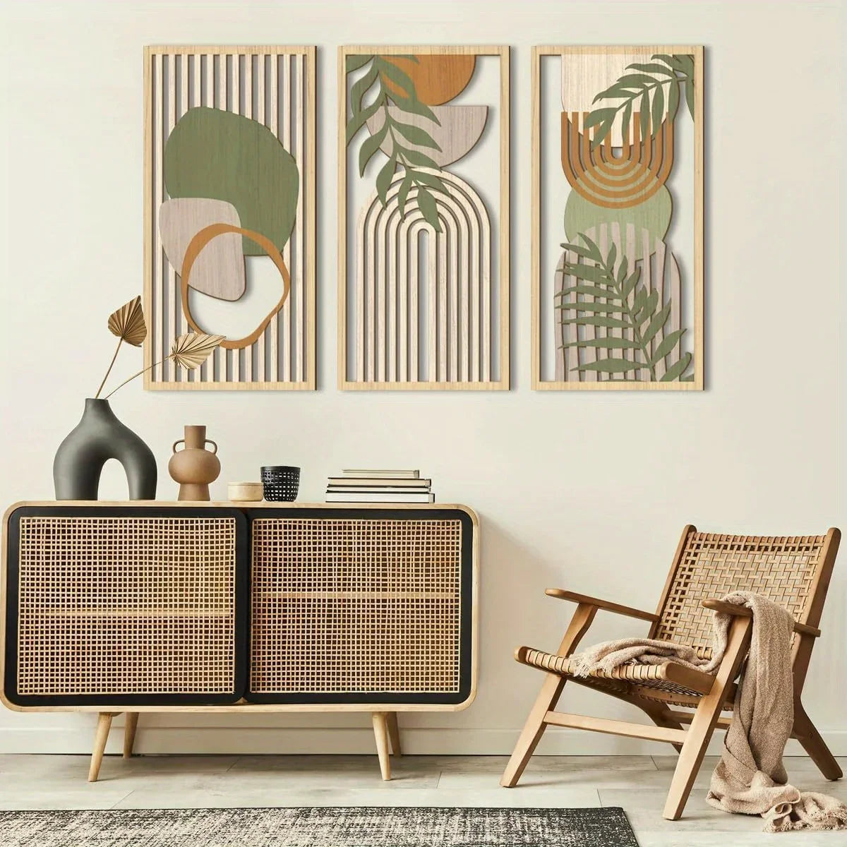 3PCS Sage Green Abstract Wooden Wall Art, Geometric Wood Wall Sculptures, Modern Artwork Neutral Wall Decor