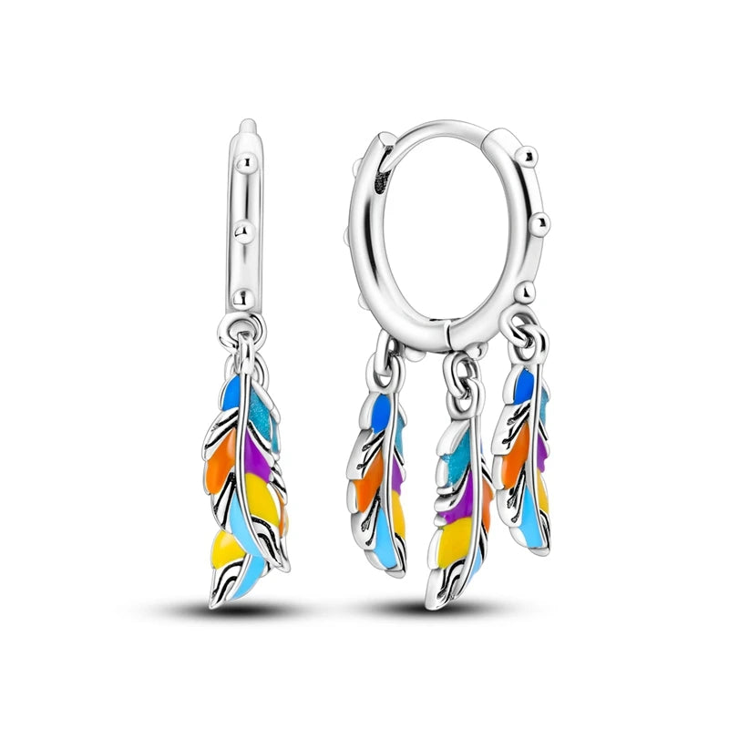 925 Sterling Silver Earrings Bohemian Colorful Feather Hoops Earrings With Zircon for Women Wedding Party Fashion Jewelry Gifts