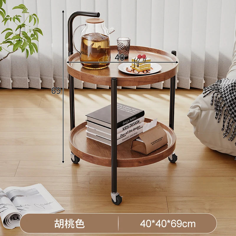 Solid Wood Rolling Cart Table Movable Side Wheels Compact Wooden Tea Trolley Living Room Portable Coffee Bedroom Bedside Storage