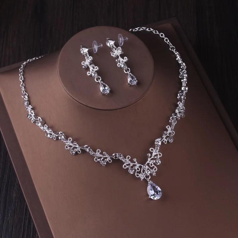 Bridal Headwear Luxury Silver-Color Crystal Water Drop Rhinestone Tiara Necklace Earrings Wedding 4 Pcs Jewelry Set