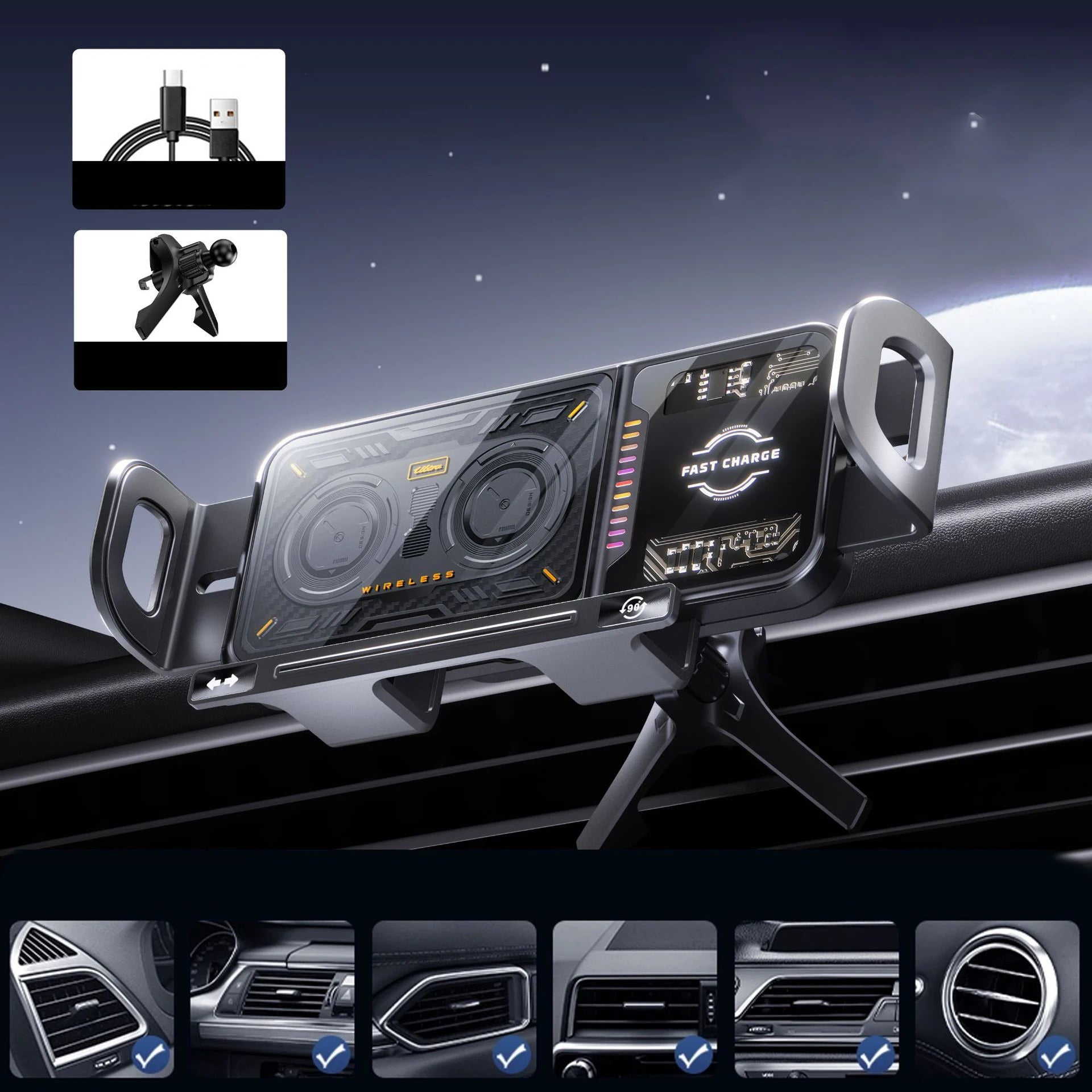 High Intelligent Mobile Phone/Pad Holder, Magnetic Phone Holder for Car, 2 in 1 Auto Rotating Phone Holder, Wireless Car Charger