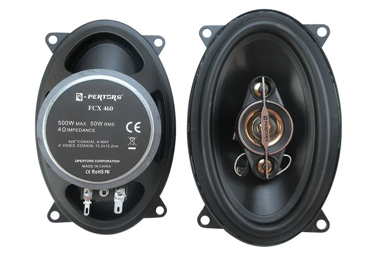 A pair of 4x6-inch coaxial four-way car audio speakers, 500W maximum power, 50W RMS, high-power sound quality, 4 ohm impedance
