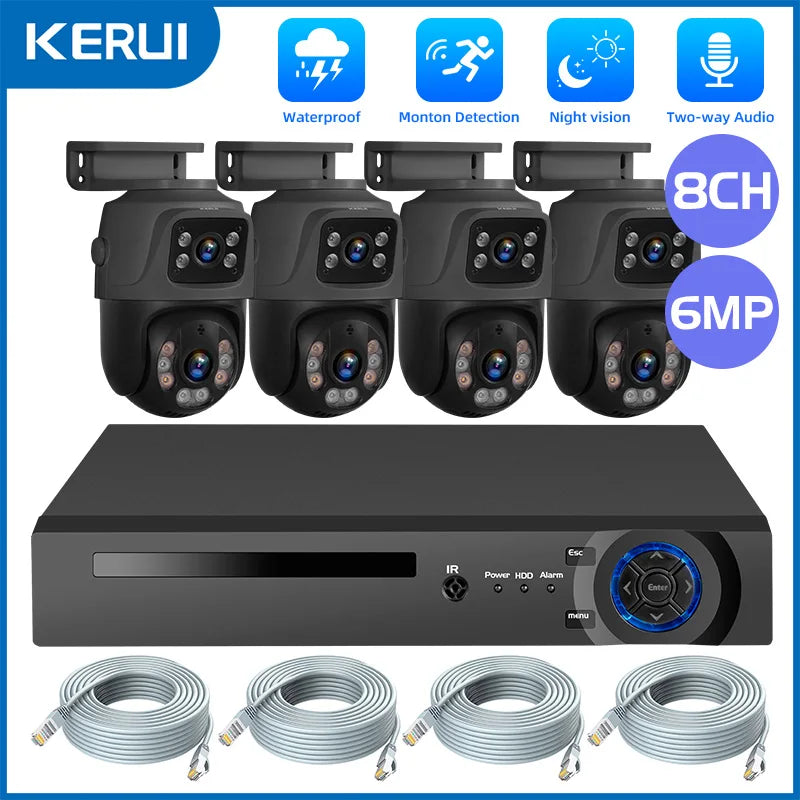 KERUI Waterproof 6MP HD POE Surveillance Camera System Dual Lens PTZ WIFI IP Home Security 4CH 8CH POE NVR Video H.265 CCTV Kit