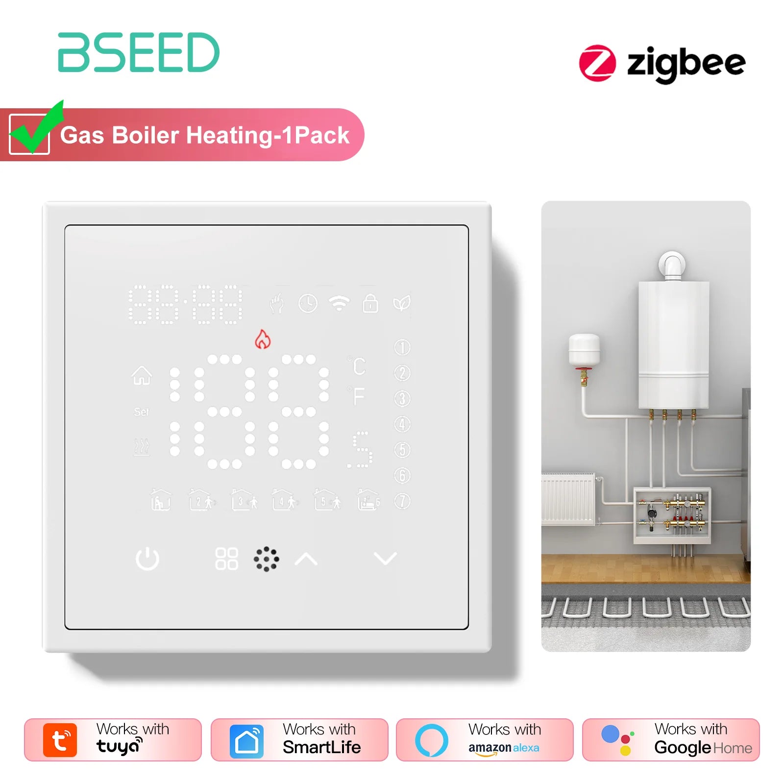 BSEED Zigbee Electric /Water/Gas Boiler Floor Heating Touch Sensor Smart Thermostats Tuya Smart Life Alexa Control Plastic Frame