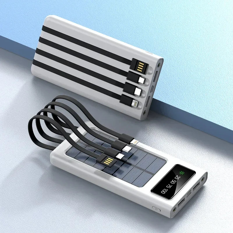 New 20000mAh Solar Power Bank Large Capacity Mobile Power Fast Charging Battery with Dual USB 4 Cables for IPhone Samsung Xiaomi