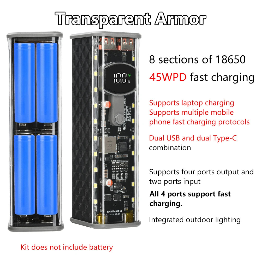 8*18650 Power Bank Battery Case 22.5W PD 45W Fast Charging Battery Storage Box Welding Free USB+Type-C Port