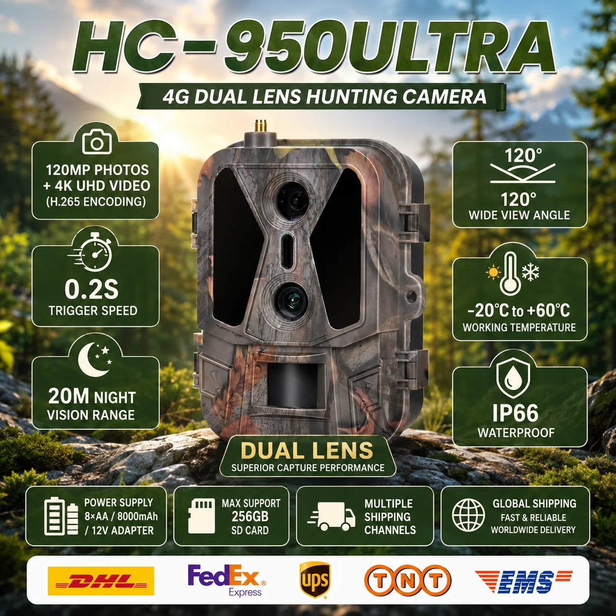 4K 4G Tracking Camera with APP Control Cloud Service 8000mAh Battery Dual Lens Wildlife Hunting Camera for Outdoor Surveillance