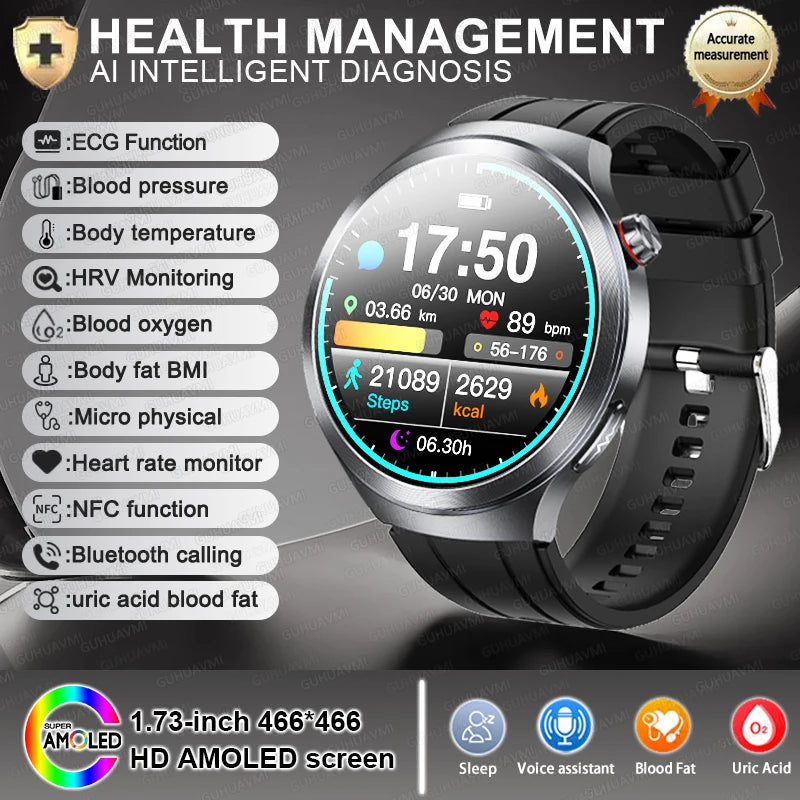 2026 New Sapphire Glass Health Trackr Uric Acid Blood Fat Smart Watch Blood Pressure ECG+PPG Clock Body Analysis Smartwatchs Men