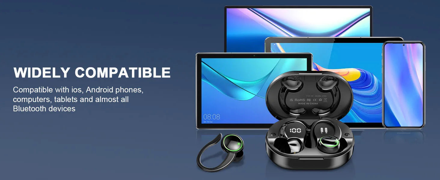 Headphones Bluetooth 5.3 Wireless Bass Stereo Over Ear Earbuds ENC Noise Cancelling Mic with Earhooks 48H Playback LED Display