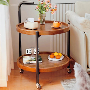 Solid Wood Rolling Cart Table Movable Side Wheels Compact Wooden Tea Trolley Living Room Portable Coffee Bedroom Bedside Storage