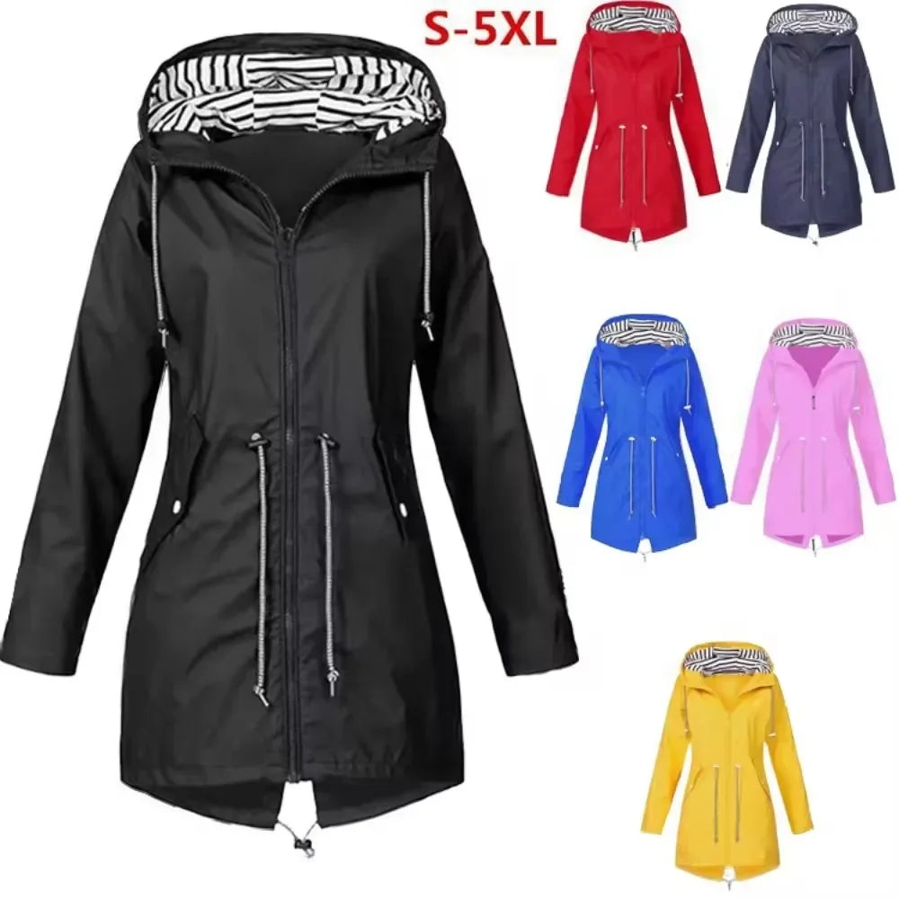 Waterproof Raincoat Casual Basic Outdoors Trench Lightweight Drawstring Jackets Hiking Clothes for Women Womens