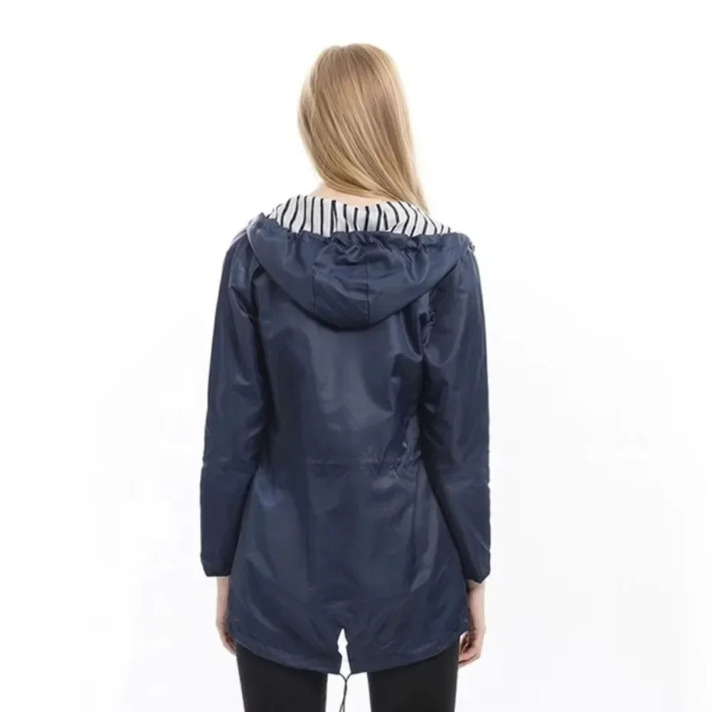 Waterproof Raincoat Casual Basic Outdoors Trench Lightweight Drawstring Jackets Hiking Clothes for Women Womens