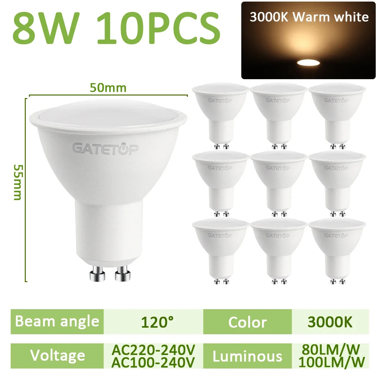 10PCS LED Spotlight Bulb GU10 AC220V 110V 8W 120/38 Degree Beam Angle High Lumen Indoor LED Energy Saving Lights Bulb