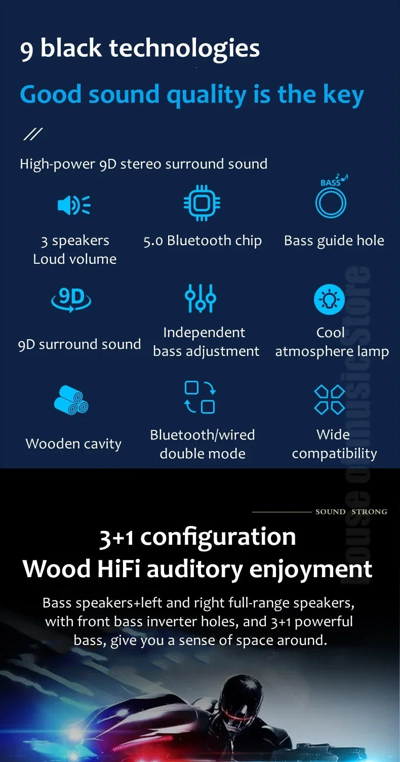 USB Wired Bluetooth Computer Speaker Home 2.1 Channel Wooden Desktop Subwoofer Active Audio 3D Surround Sound Bass Game Speakers