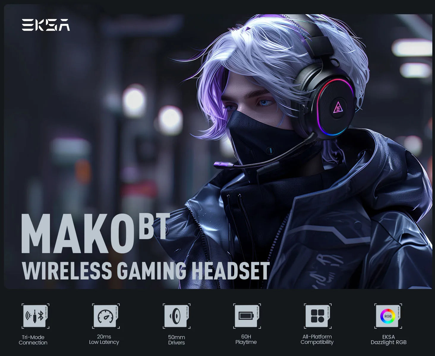 Oneodio EKSA MaKo BT Bluetooth Gaming Headset Over Ear 2.4GHz Wireless Headphones Gamer 20ms Low Latency With Mic for PC/PS4/PS5