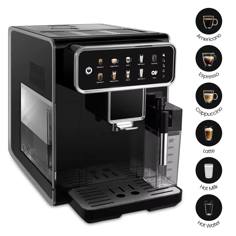 Mcilpoog AM7203 Automatic Espresso Machine ，Built-In Milk Frother & Tank, 7 Coffee Varieties, Touchscreen