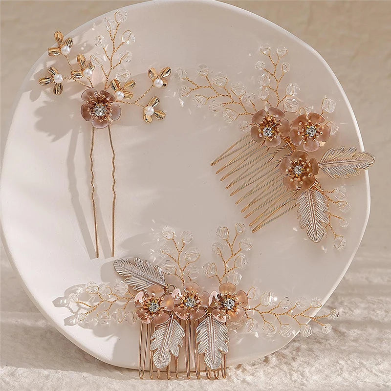 Luxury Pearls Wedding Flower Hair Comb Bride Hair Pins Clips Set Cute Hair Fork Headpieces for Women Jewelry Gift Hair Accessory