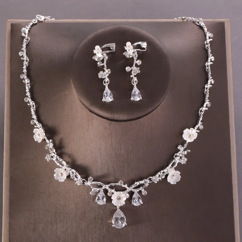 Fashion Flower Rhinestone Zircon Wedding Necklace Earring Set for Bridal Jewelry Women Wedding Dresses Accessories Party Gift