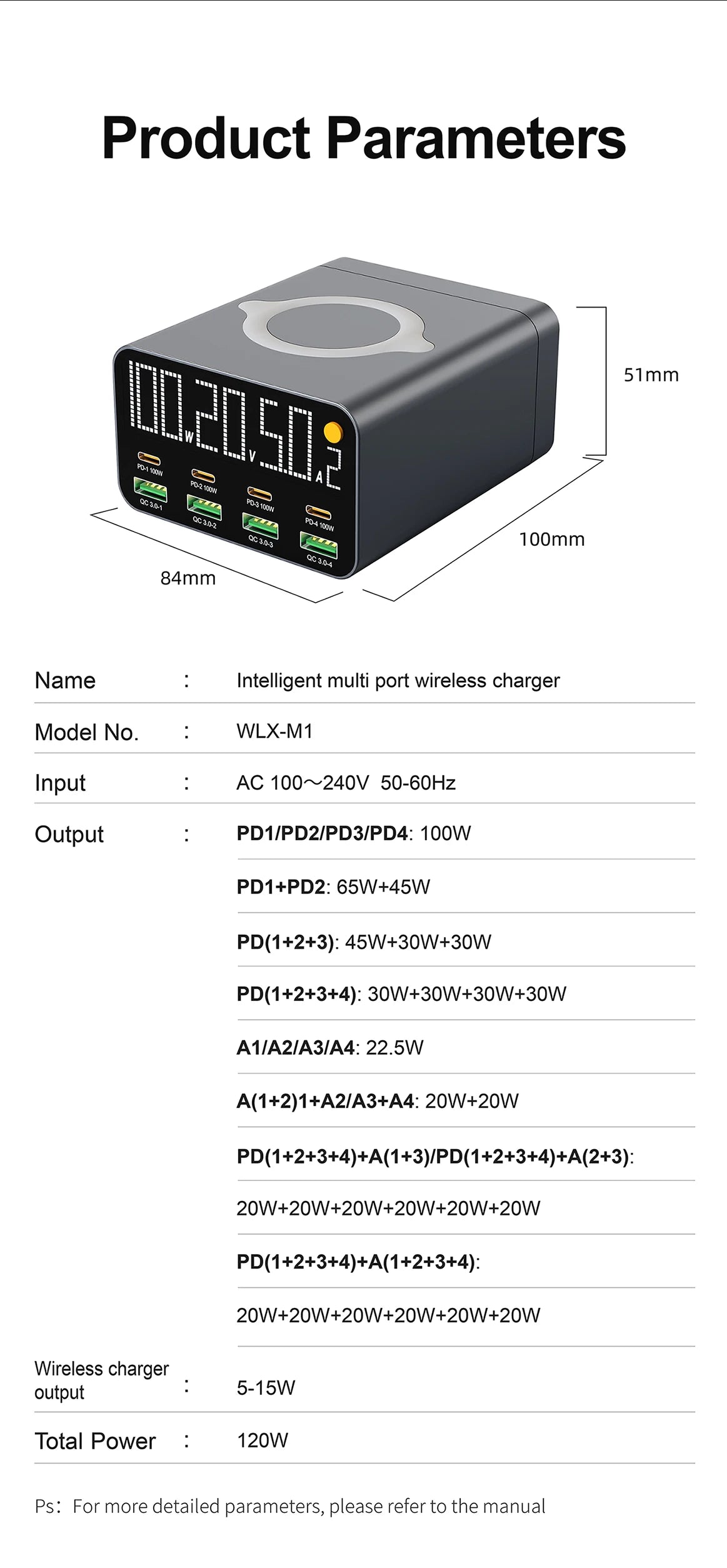 80W/120W 8 Ports Charger station Digital Display USB Type C With Wireless Charger PD QC3.0 Quick Charger For Laptop Tablet Phone