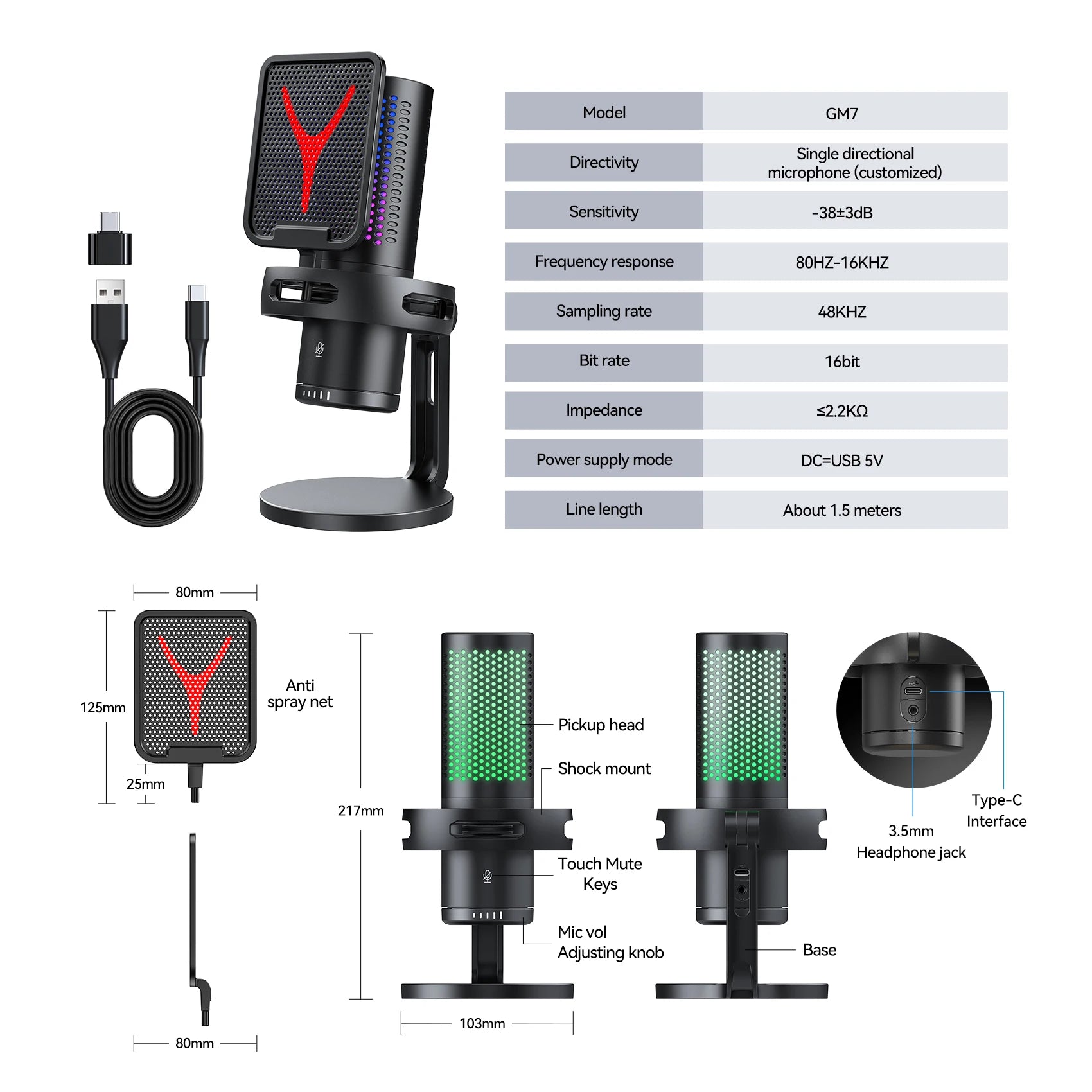 Gaming Computer Professional Condenser Microphone Mic PC Laptop USB Wired Live Streaming Podcast Studio Mike Kit Gamer Karaoke