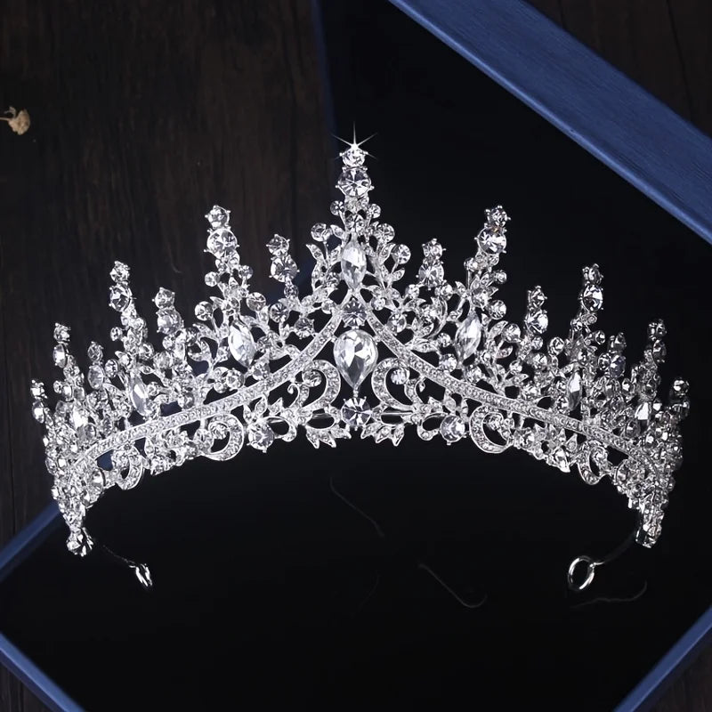Bridal Headwear Luxury Silver-Color Crystal Water Drop Rhinestone Tiara Necklace Earrings Wedding 4 Pcs Jewelry Set