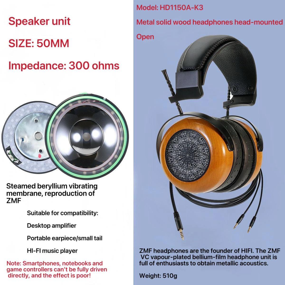 60mm dynamic coil wired headphones | high-resolution open headset | echo smooth music body