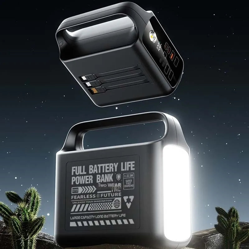 200000mAh Power Bank Large Capacity Portable Outdoor Emergency Power Supply Built-in cable Camping Iight For iPhone Xiaomi