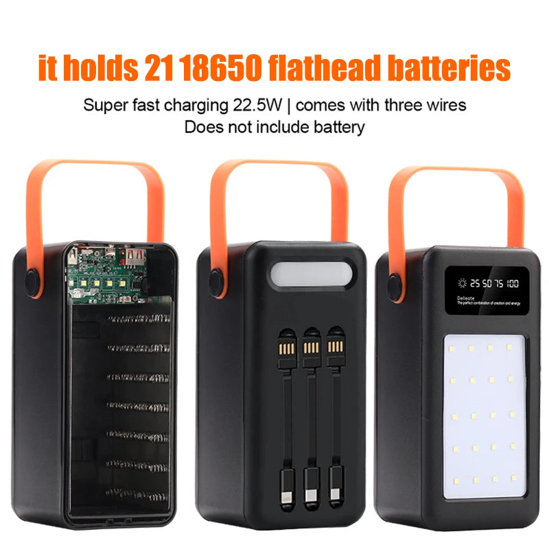 DIY Power Bank Case 18650x21 PD QC4.0 3.0 22.5W Fast Charge Battery Storage Box with Micro Type-c Charging Cable Camping Light