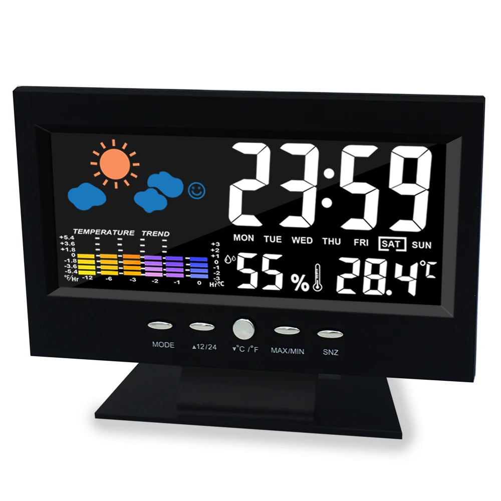 Voice Control Backlight Digital Weather Clock Date Week Temperature Humidity Weather Forecast 12/24H Electronic Clock