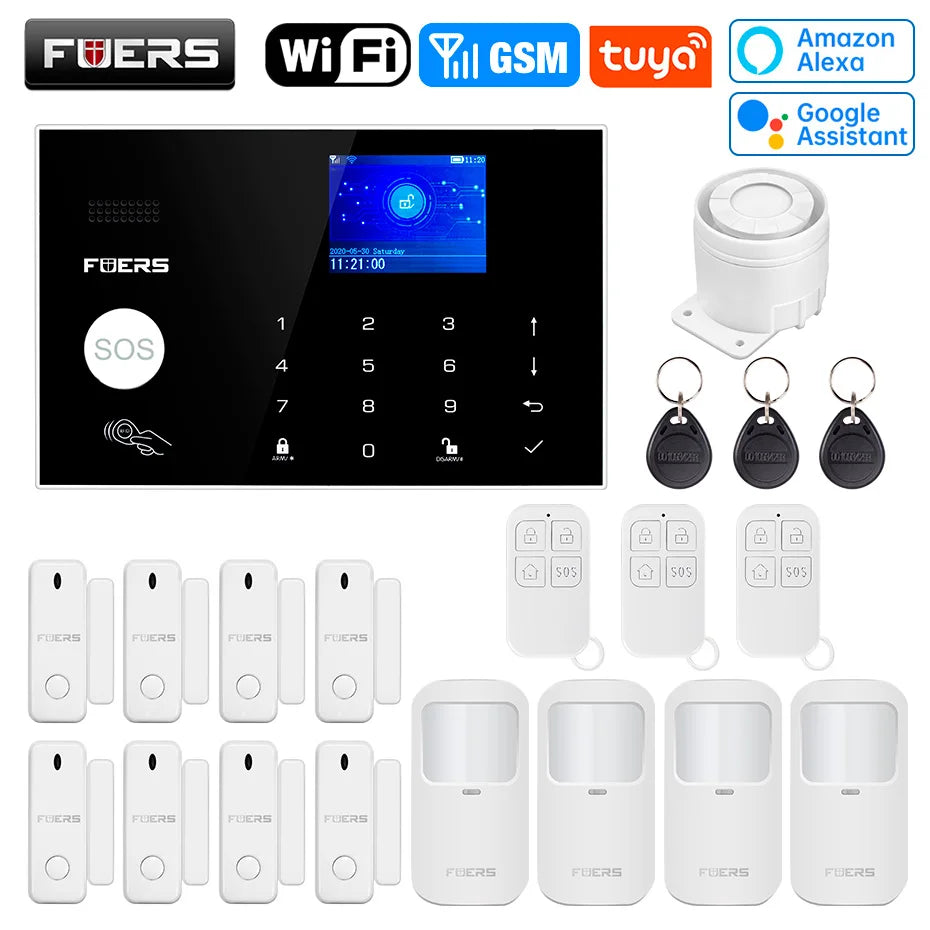 FUERS WIFI GSM Alarm System Wireless Home Burglar Security Alarm System Tuya APP Control Siren Motion Detector PIR Smoke Sensor
