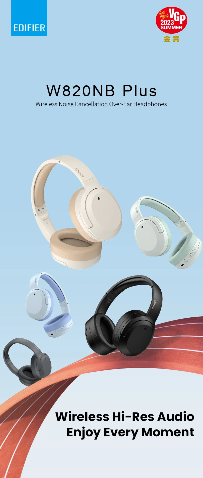 Edifier W820NB Plus Wireless Noise Cancelling Headphones 49hrs Playtime 43dB ANC Hi-Res LDAC Codec Over-Ear Bluetooth Headset