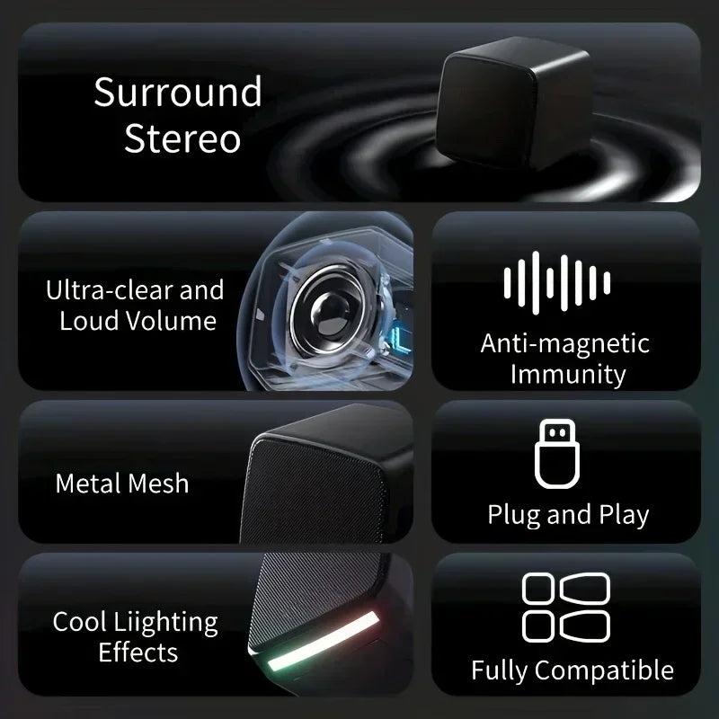 Stereo Sound Mini Speakers With Cool Lights Computer Speakers USB Powered 3.5mm Portable Speakers for Computer Laptop and iPad