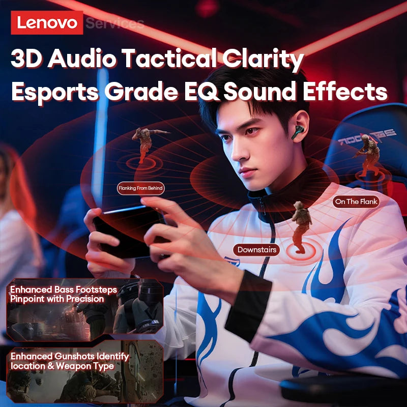 Lenovo Gaming Headset Bluetooth 6.0 Wireless Earphones Low Latency Noise Reduction Esports Headphone Waterproof 24H Battery Life